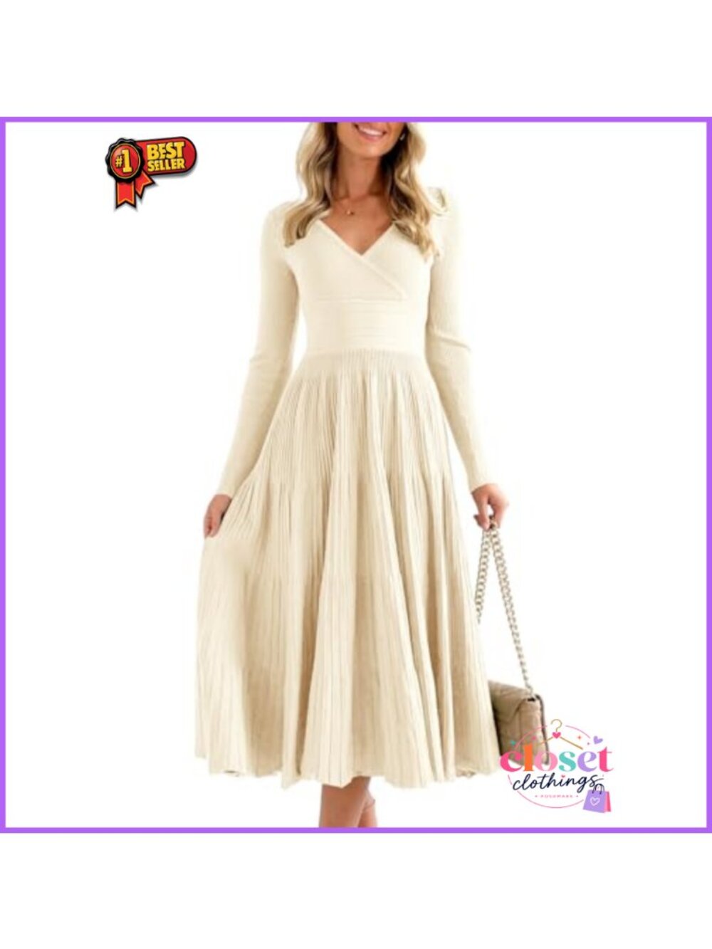 Ribbed Knit Long Sleeve V Neck Midi Sweater Dress A-Line Pleated
